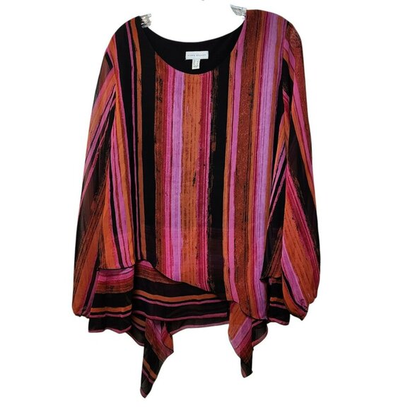 Susan Graver Blouse L Pink Striped Long Sleeve Asymmetrical Hem Preowned - Picture 4 of 7